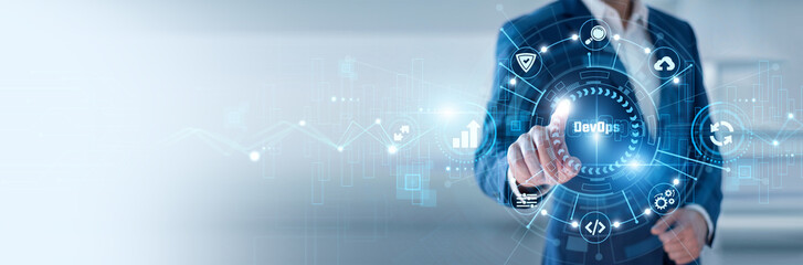 Fototapeta premium DevOps engineer pointing at DevOps and networking continuous integration data systems, software delivery automation, cloud deployment pipelines, agile development operations