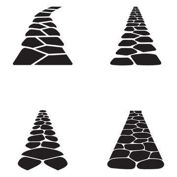 Four black stone pathways on white background  various shapes and sizes of stones  road designs