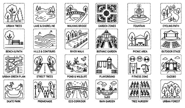 SEO Title:
City Landscape Park Icons Set &ndash; Detailed Urban Nature Infrastructure Vector Line Collection