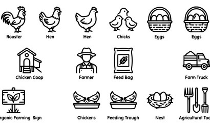 SEO Title: Poultry farm line icon set chicken farming editable outline vector collection isolated on white © Fatik