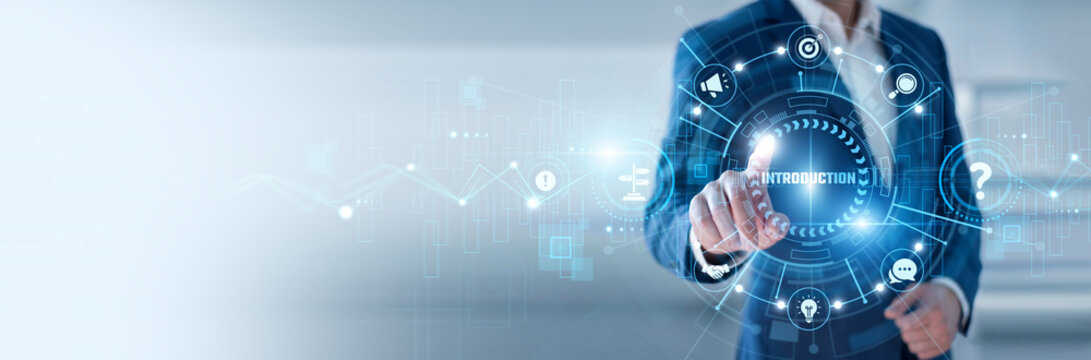 Business presenter pointing at Introduction and networking professional presentation systems, corporate onboarding content, communication frameworks, training and awareness materials