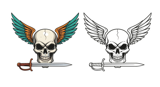 Gritty illustration of a human skull with large wings and a sword held in its teeth shown in color and line art.