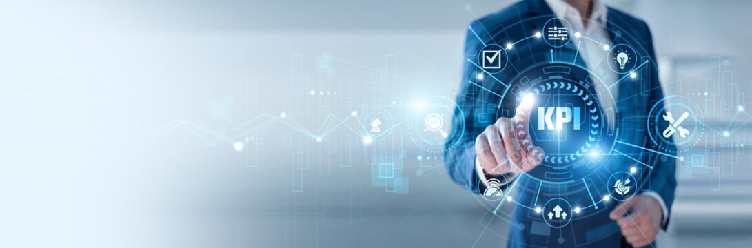 Business analyst pointing at KPI and networking performance metrics systems, productivity tracking, business evaluation dashboards, goal measurement tools, data driven decision systems