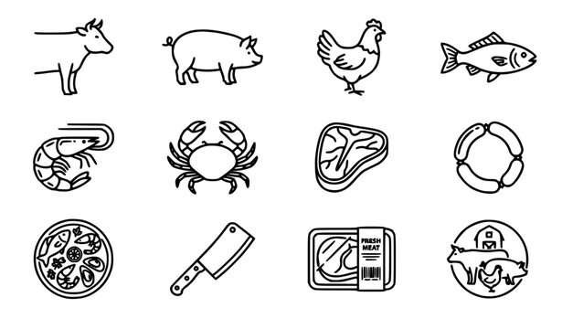 SEO Title:
Meat and seafood line icon set editable outline butcher food vector collection isolated on white