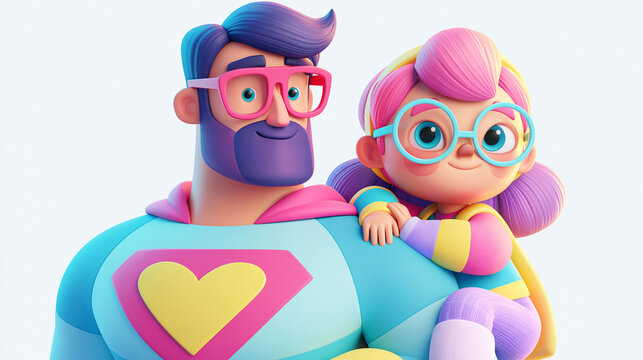 Cute 3D father superhero with child in pastel colors, happy dad and daughter family love concept for Father Day celebration and parenting support