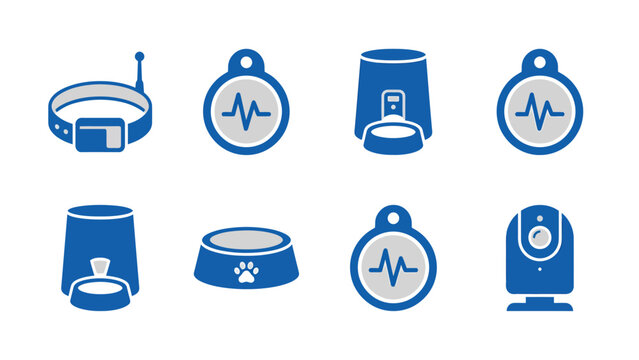 Set of pet accessories icons, including collar, tags, food dispenser, bowl, and camera for animal care and monitoring.