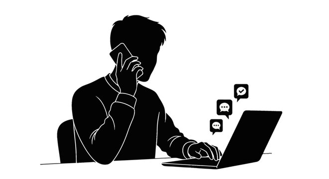 Silhouette illustration of a man multitasking by talking on a mobile phone while using a laptop computer at a desk, featuring floating chat bubble icons on white background.