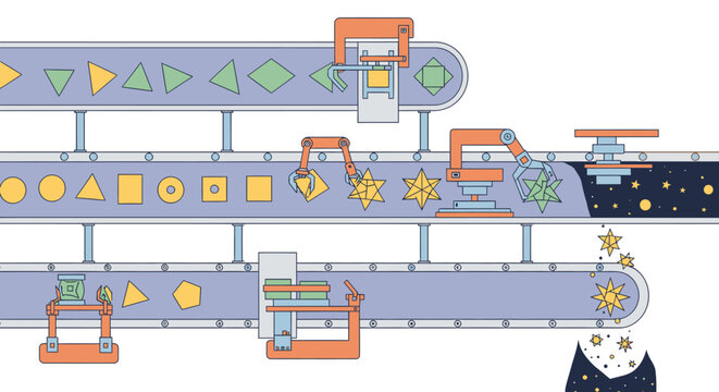 Industrial conveyor belt with colorful shapes and symbols