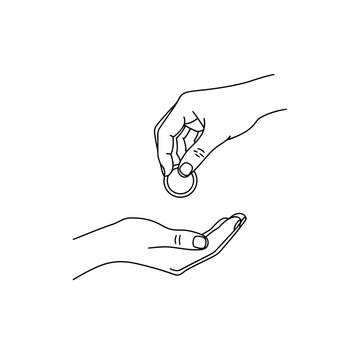 Icon line art illustration of a hand giving a coin to another hand, representing charity, donation, or financial support