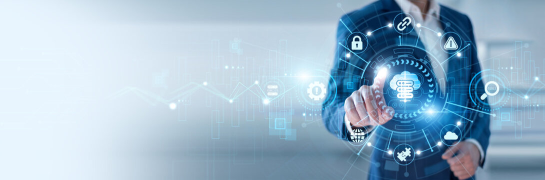 IT engineer pointing at Web Hosting and networking server infrastructure systems, cloud storage solutions, website deployment platforms, domain management, scalable online services