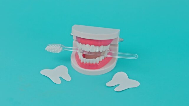 Creative Flat Lay Concept Of Oral Hygiene Showcasing Clear Toothbrush Held Inside Mannequin Mouth On Teal Background