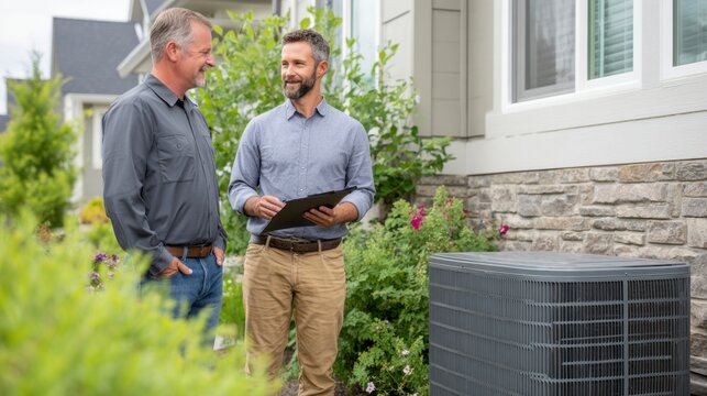 Two Professionals Engaged in a Discussion by a Residential Air Conditioning Unit Surrounded by Lush Greenery and Colorful Flowers