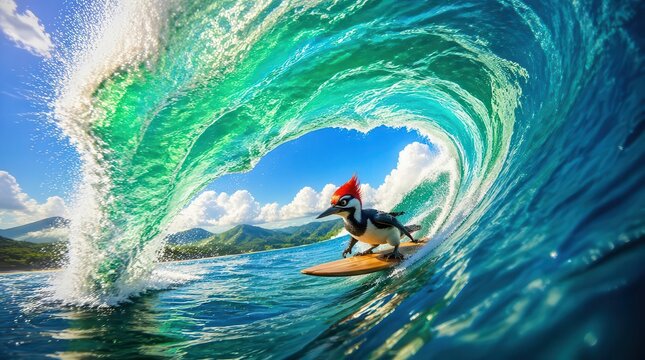 A vibrant woodpecker glides through the eye of a massive crashing wave, creating a cinematic wide angle scene that features highly detailed textures in a perfect panoramic ocean environment.