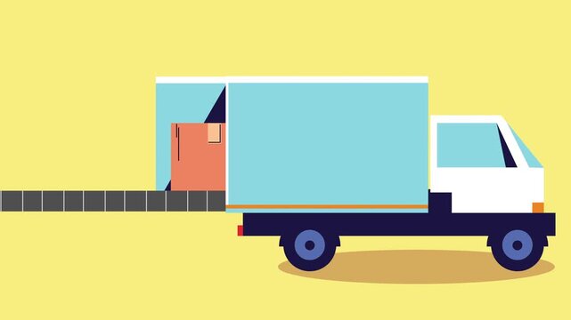 Logistic delivery truck animation loading cardboard boxes on conveyor belt.