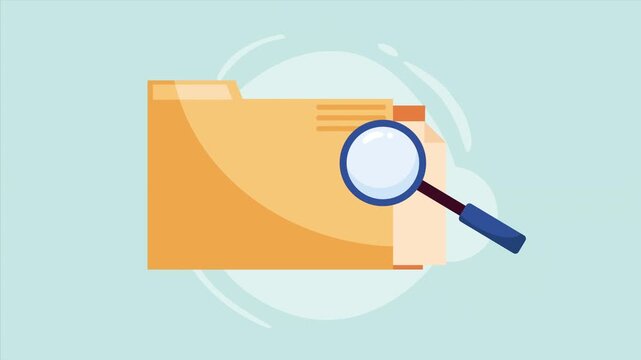 Animated folder with documents and magnifying glass shows concept of search and analysis.
