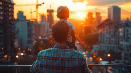 Obraz premium Woman in plaid shirt watching sunset over city skyline at dusk