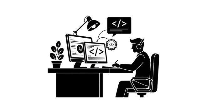 Black and white vector illustration of a male software developer sitting at a desk with two computer monitors displaying artificial intelligence code, a desk lamp, and a potted plant.