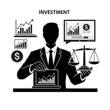 Vector illustration of a professional male investor in a suit analyzing stock market data and comparing financial options using a balance scale, growth charts, and a laptop screen.