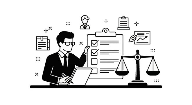Vector line art illustration of a professional businessman in a suit and glasses reviewing a checklist next to scales of justice, representing fair performance evaluation and audit.