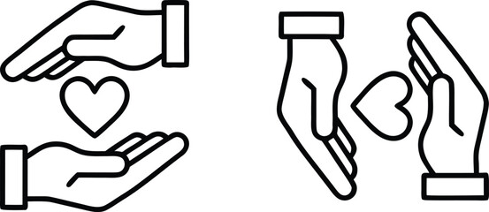 Obraz premium Set of minimalist line art icons depicting hands protecting a heart symbol representing charity, healthcare, insurance, and social support