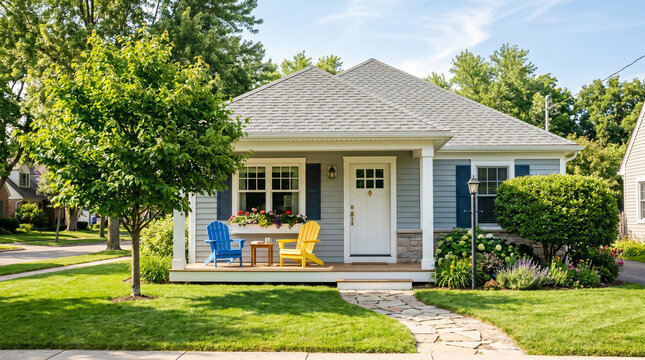 A charming singlestory house with a covered porch and colorful lawn furniture on a sunny day with a wellmanicured lawn and trees