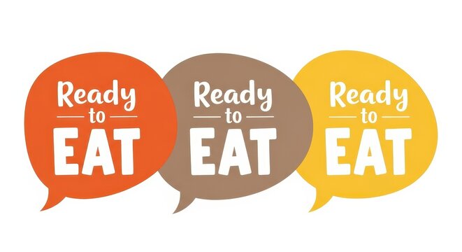 Ready to Eat Text in Colorful Speech Bubbles for Food Delivery and Restaurant Marketing Gr