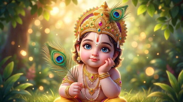 A charming depiction of baby krishna adorned with peacock feathers and a golden crown, radiating divine innocence and playful curiosity in a serene setting