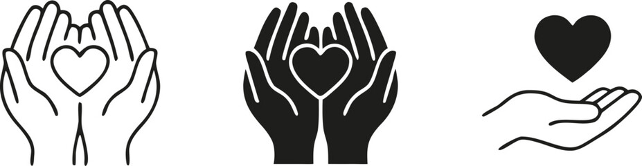 Fototapeta premium Set of minimalist vector icons featuring hands holding a heart symbol for charity donation, healthcare support, insurance, and volunteerism