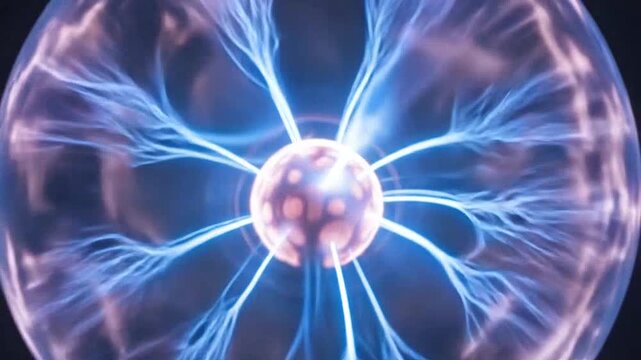 A glowing plasma sphere emits bright electrical discharges in a dark room