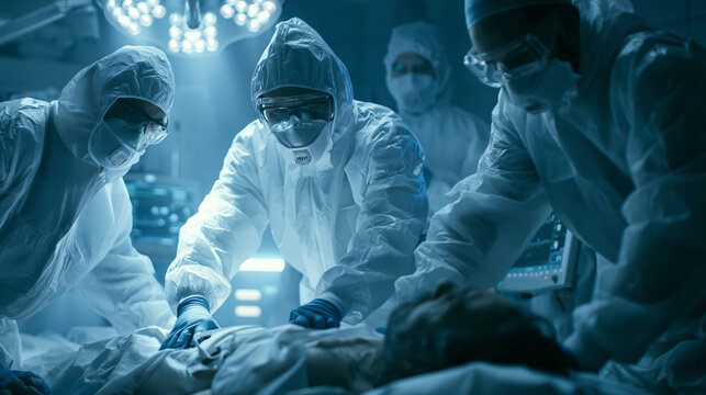 Emergency room doctors performing CPR on unconscious patient in intensive care unit, healthcare workers in full protective PPE suits during medical emergency and critical life saving procedure