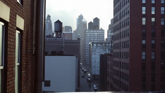 Wet rooftop featuring reflections from recent rain, providing an expansive view of classic urban buildings and numerous traditional water towers against a bright sky, emphasizing city life