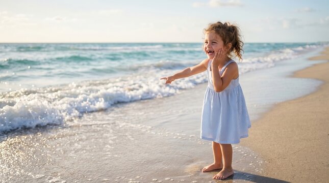 The child sees the sea for the first time and smiles with delight
