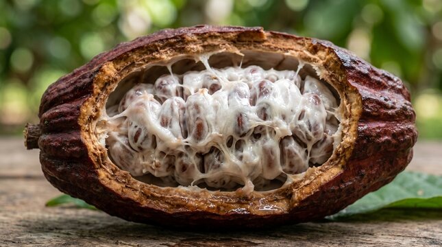 Cacao pod lies open to reveal raw fermented beans covered in white pulp on a rustic wooden table in the garden.