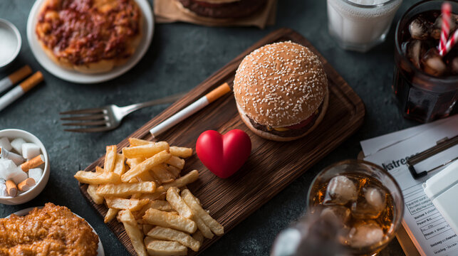 Unhealthy lifestyle flat lay with burger fries cigarettes and sugary drinks, heart disease risk and cholesterol concept, fast food habits and cardiovascular health awareness