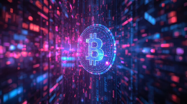 Digital neon bitcoin coin glowing amid streaming data in futuristic network