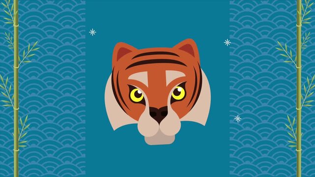Animated chinese zodiac tiger face on blue pattern background with bamboo and sparkling stars motion.