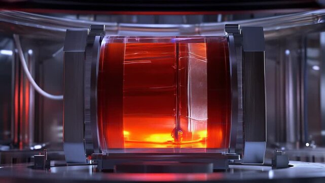 Fusion reactor core glowing with hot plasma inside a metal chamber, representing advanced scientific research and future power generation technology in a laboratory setting