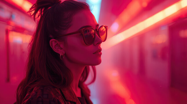 Young woman in sunglasses bathed in neon pink and red cinematic light, moody editorial portrait