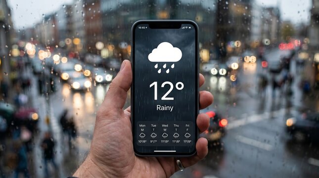 Man holding smartphone with rainy weather forecast application. Digital screen showing cold temperature and rain icons. Checking city climate information during a storm in urban
