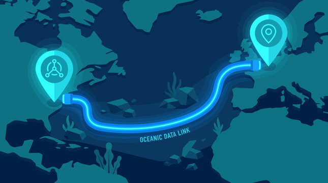 Oceanic data link submarine cable connecting continents on world map concept of global network