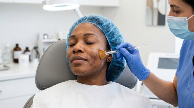 African woman receiving facial treatment for pigmentation spots at cosmetic clinic with skincare specialist. hyperpigmentation correction, aesthetic medicine, professional dermatology, beauty care