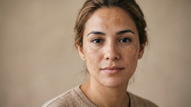 Portrait of a woman with hyperpigmentation on her face. Natural skin texture and beauty. Concept of dermatological health, authentic aging and skincare awareness. Real human appearance without filter