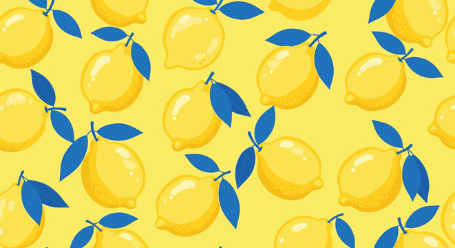 Refreshing seamless pattern featuring bright yellow lemons with blue leaves scattered across a solid yellow background creating a vibrant design.