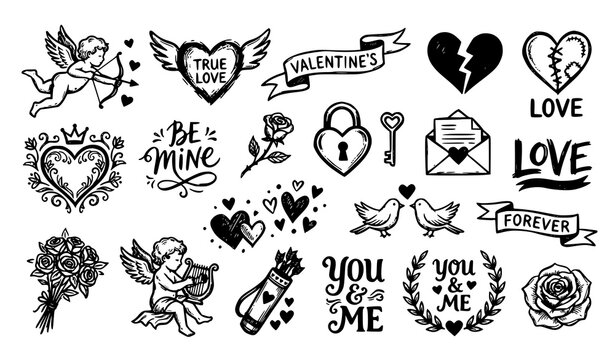 Vintage hand drawn black ink Valentine symbols and romantic doodle elements collection with sketch style love icons on white background