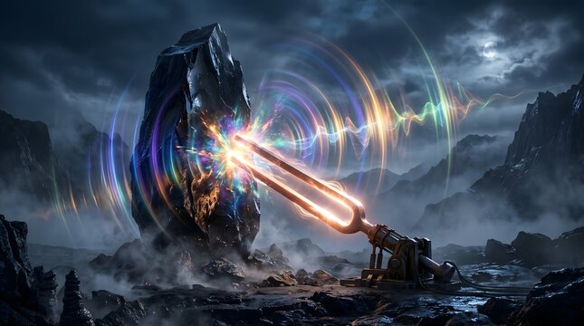 Glowing tuning fork emitting sound waves toward a monolith, cinematic frequency vibration and energy resonance, mystical sonic landscape under moonlight