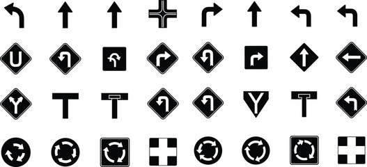 Traffic Direction and Road Sign Glyph Icon Set Featuring Navigation Arrows U Turn Intersection and Route Symbols © MstBabli