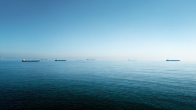 Cargo ship supply fleet on calm sea under clear blue sky with peaceful horizon and distant vessels