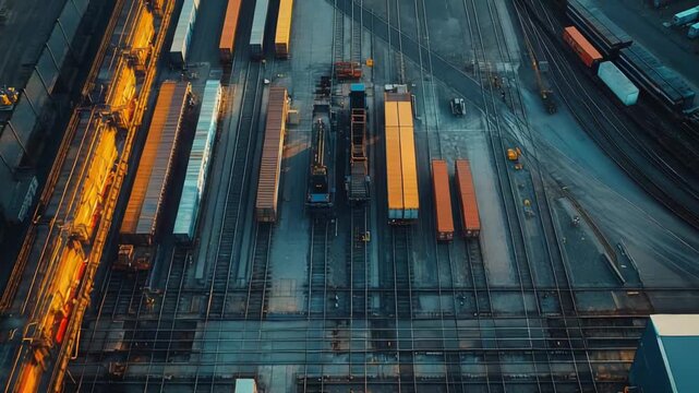 Overhead perspective of a large, active train yard featuring numerous cargo wagons on multiple tracks, highlighting the complex infrastructure of freight transport and global logistics during sunset