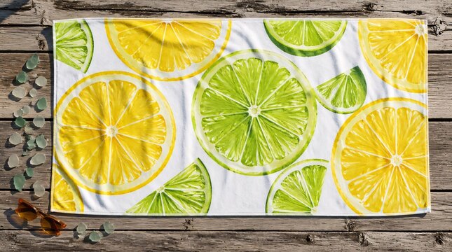 A top down view of a plush cotton beach towel featuring vibrant citrus patterns of lemon and lime slices arranged neatly on a weathered wooden deck with sunglasses and scattered sea glass accents.