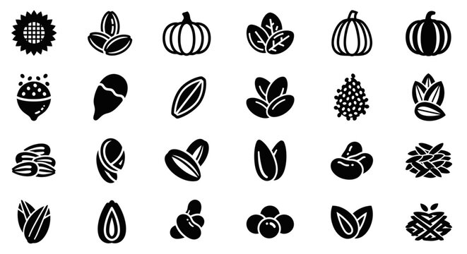 Black icons of various nuts and seeds.